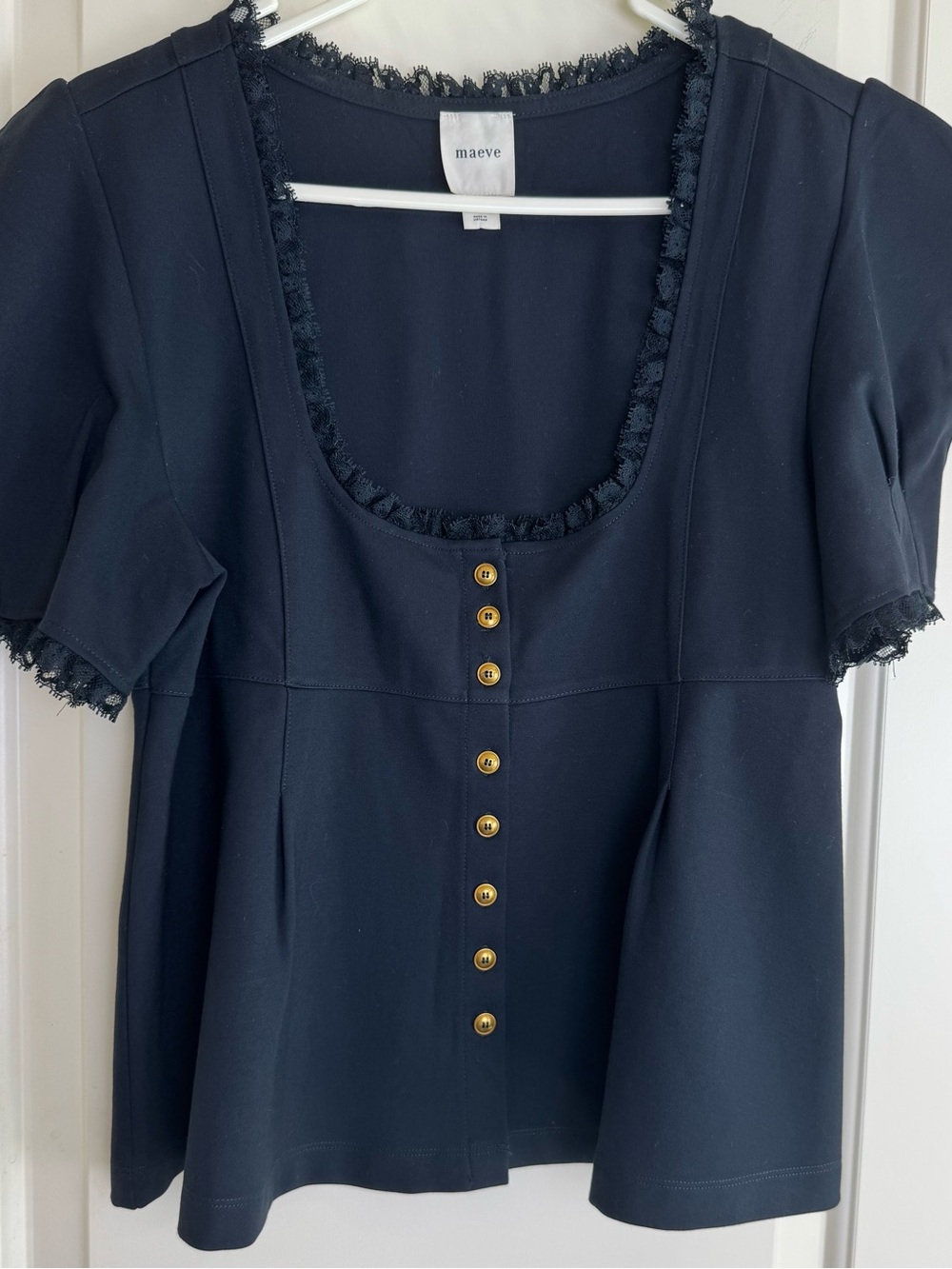 Maeve Anthropologie Navy Lace Trim Puff Sleeve Peplum Top M Gold Buttons